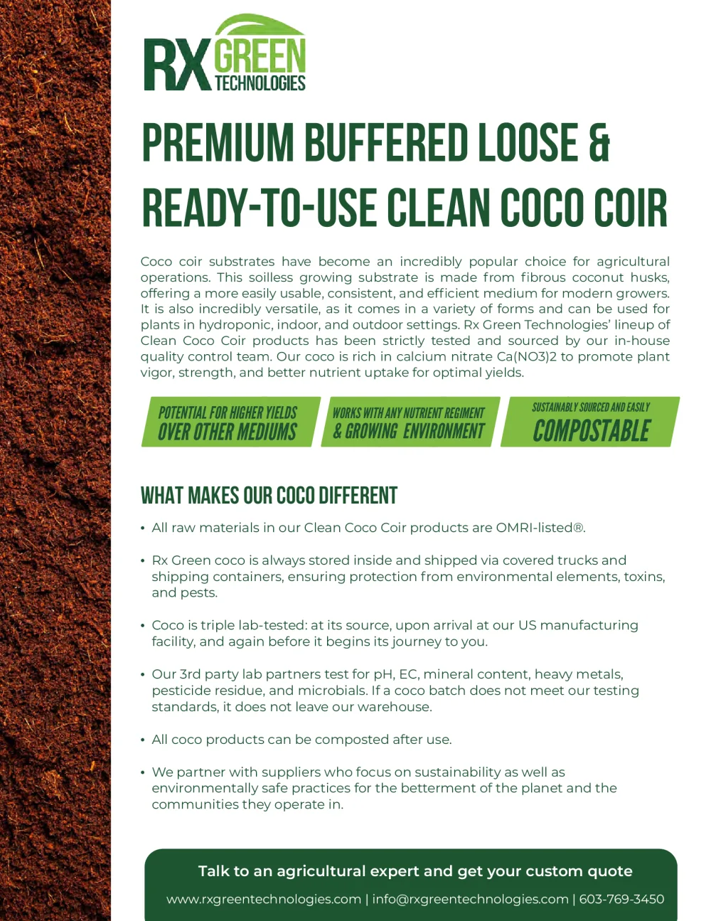 First page of the Rx Green Clean Coco Coir spec sheet, listing product specifications and quality testing.